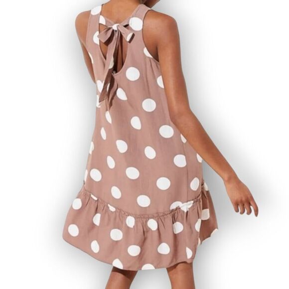 Loft Polka Dot Tie Back Swing Dress Brown White Desert Taupe Women’s Size Large - Picture 2 of 12
